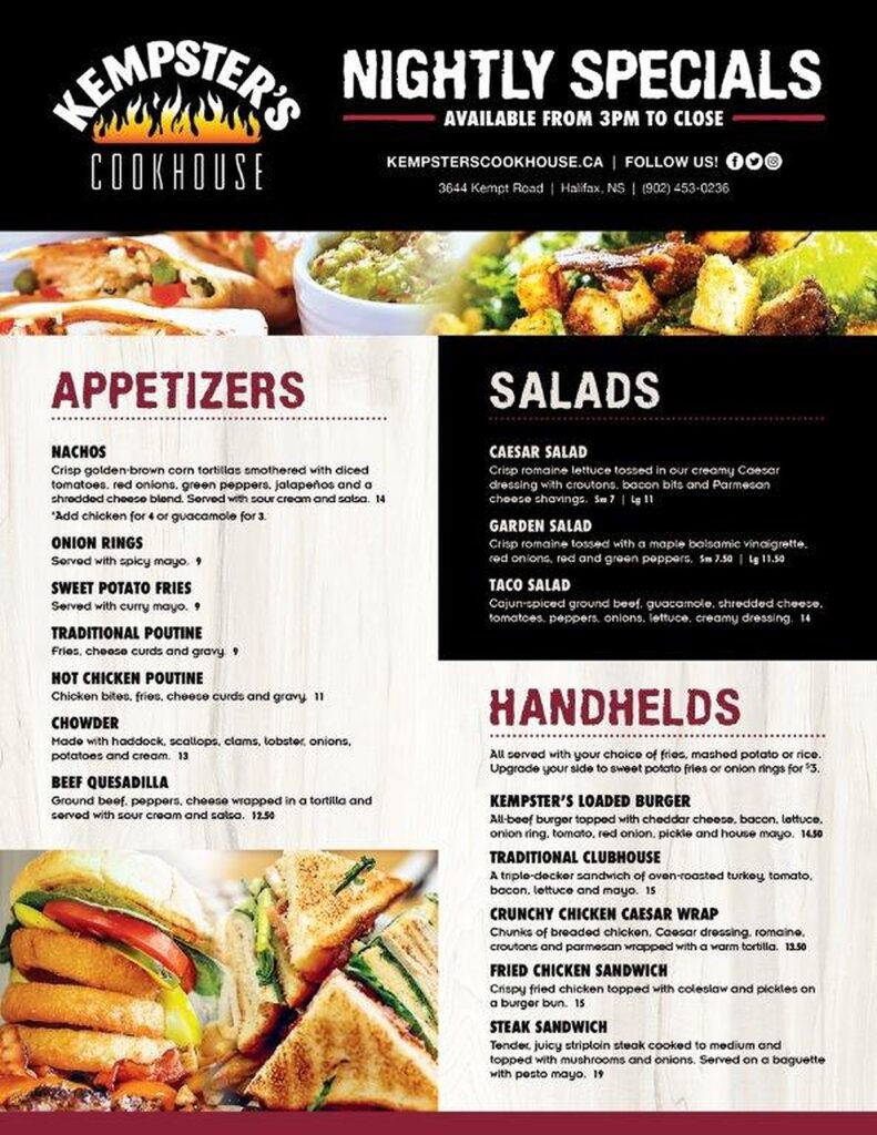Menu's KEMPSTER'S Best Family Restaurants in Halifax